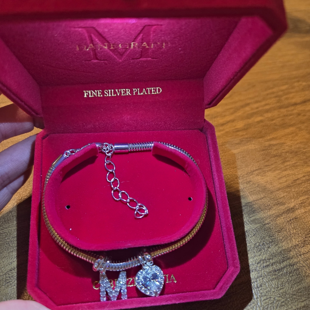 Monogram Fine Silver Bracelet with Heart Charm
